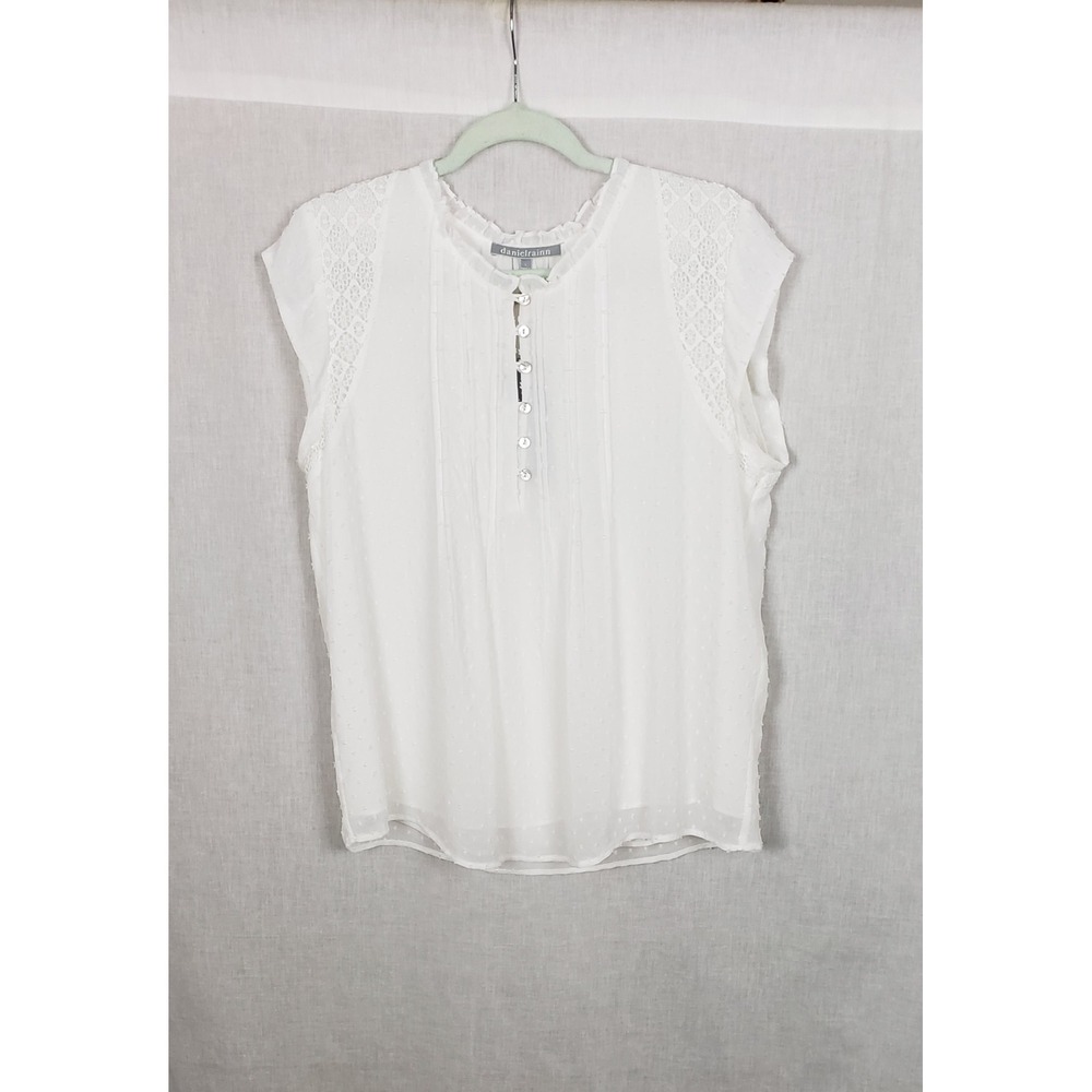 Daniel Rainn Womens White Swiss Dot Crochet Lace Ruffle Blouse L Romantic Summer